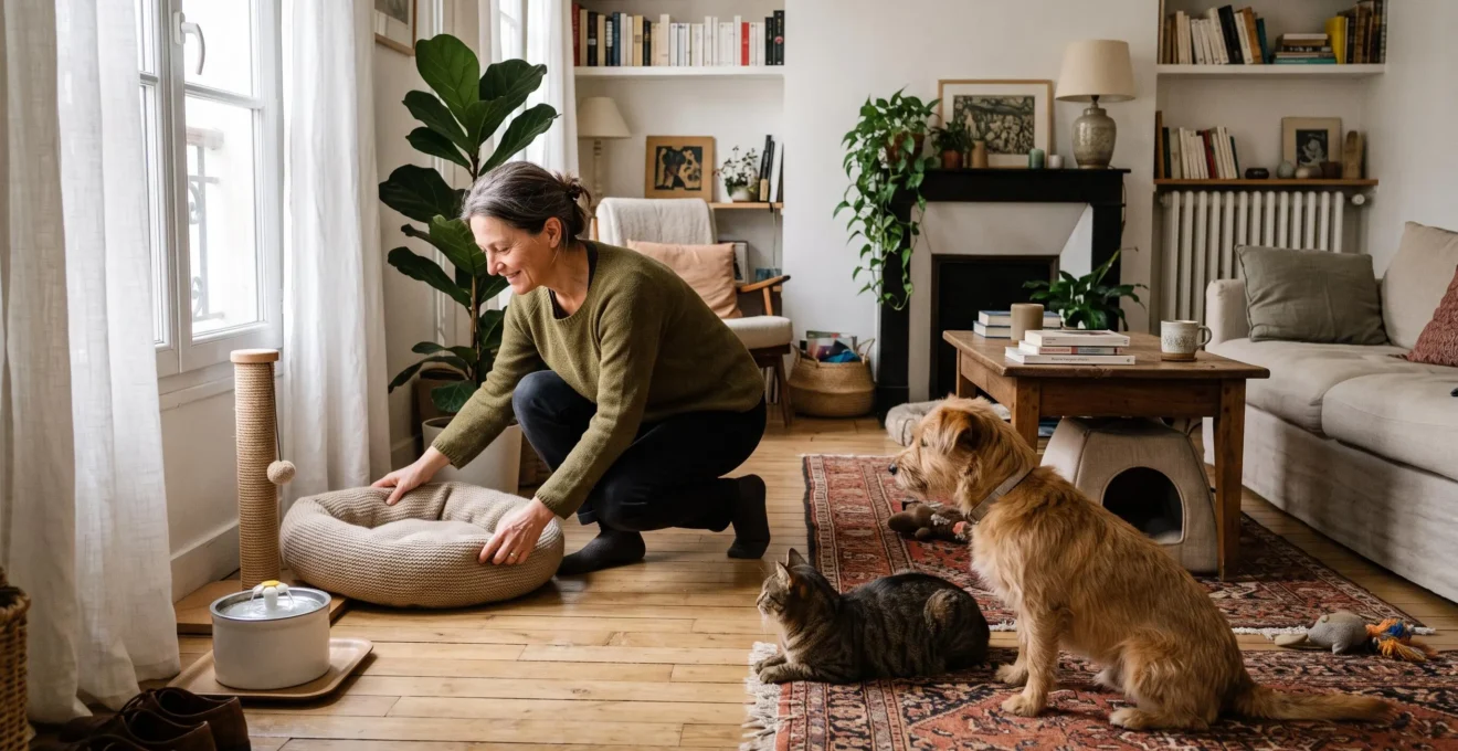 Une femme aménage un coin de repos avec un panier pour son chien et son chat dans un salon lumineux organisé en zones fonctionnelles.