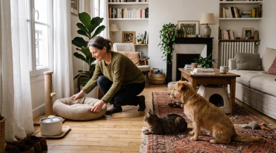 Une femme aménage un coin de repos avec un panier pour son chien et son chat dans un salon lumineux organisé en zones fonctionnelles.