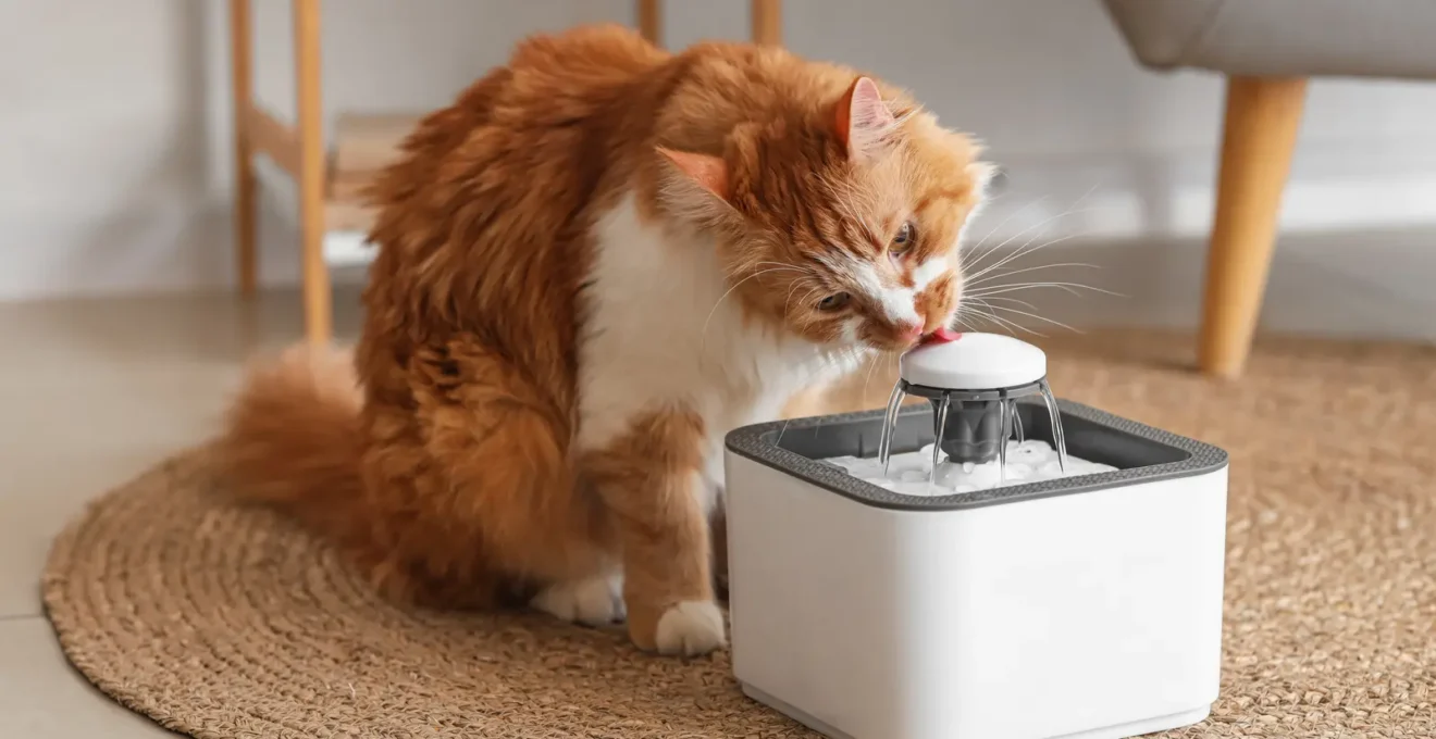 Gros plan sur des mains installant un filtre dans une fontaine à eau pour chat qui boit à côté.