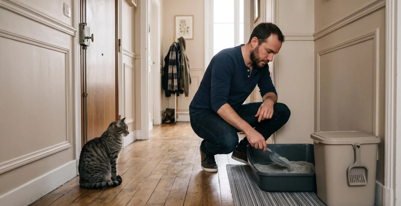 Un homme nettoie une litière pour chat disposée dans un angle calme d'un couloir d'appartement.